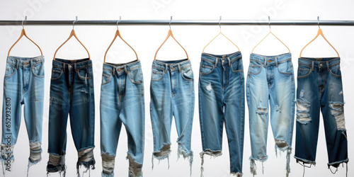 Blue jeans shirt and shorts jeans on hanging and blue torn jeans isolated