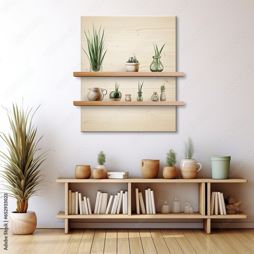 A vibrant array of houseplants arranged artfully on a wooden shelf, with bright flowerpots and vases adding a splash of color to the room, creates a beautiful, inviting atmosphere in any home
