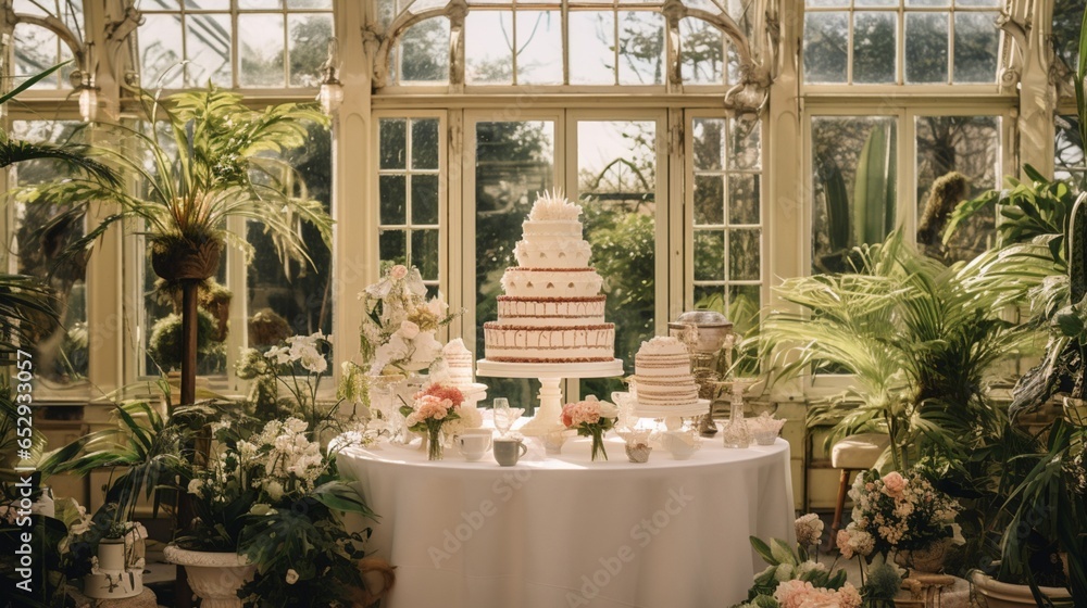 Design an elegant Victorian garden conservatory birthday extravaganza with balloons resembling Victorian conservatories and exotic botanical gardens, a cake adorned with Victorian conservatory pattern