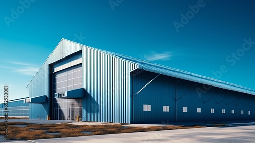 Industrial hangar. Warehouse building exterior. Industrial building under blue sky. © JKLoma