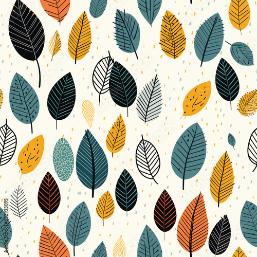 Silhouettes of different leaves seamless pattern. Vector hand drawn illustration in simple scandinavian doodle cartoon style.