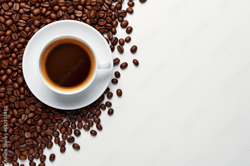Coffee cup and coffee beans on white background. Top view. Cup of coffee on whgite table and coffee beans scattered chaotically around. Morning boost of energy, coffee drink. Coffee cup and coffee beans on white background. Top view. Cup of coffee on whgite table and coffee beans scattered chaotically around. Morning boost of energy, coffee drink.