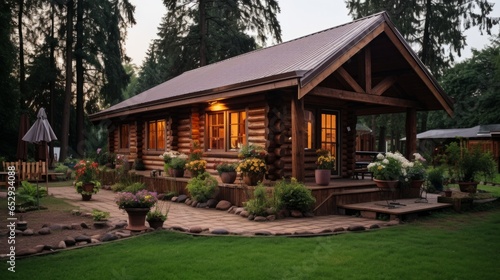 Rustic log cabin pension with a charming exterior and cozy interiors