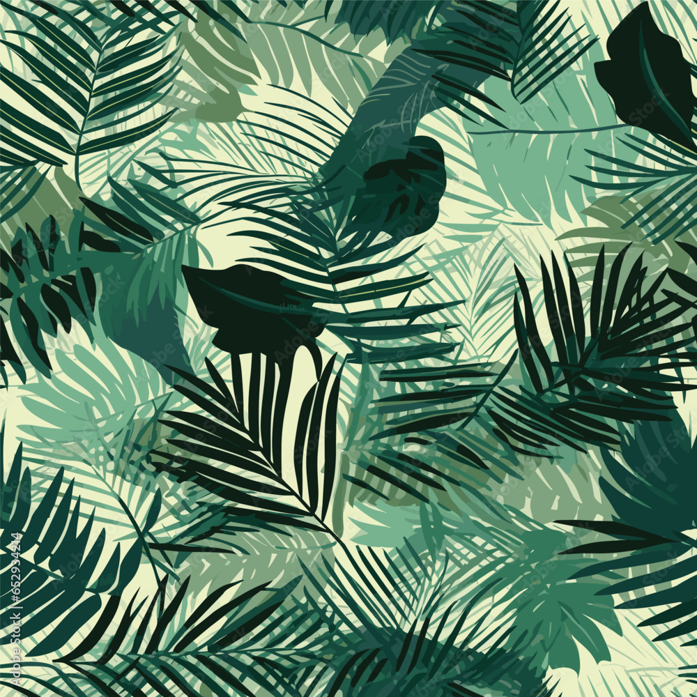 Tropical exotic geometric silhouette green leaves seamless pattern background.
