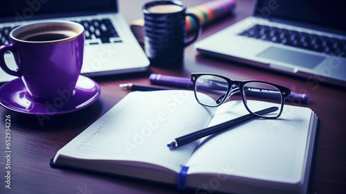 Desk with laptop,note pad, pen, Coffee Cup, eyeglasses, isolated purple background. AI generated