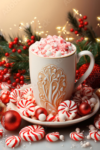 Christmas cocoa with mint lollipops in a mug