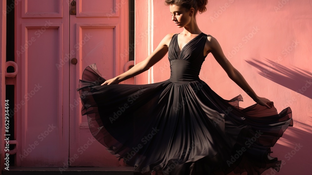 Fototapeta premium Young dancer woman in black dress rehearses her moves on the street.