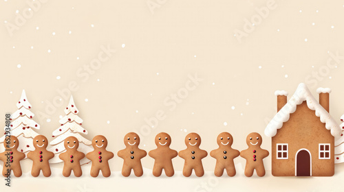 Gingerbread cookies in a row against solid background. Merry Christmas greeting or Holiday postcard. © All Creative Lines
