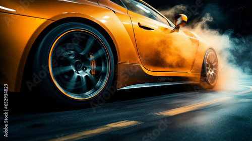 Orange super sport car from side with detail on drifting wheel, smoking and doing burnouts. © JKLoma