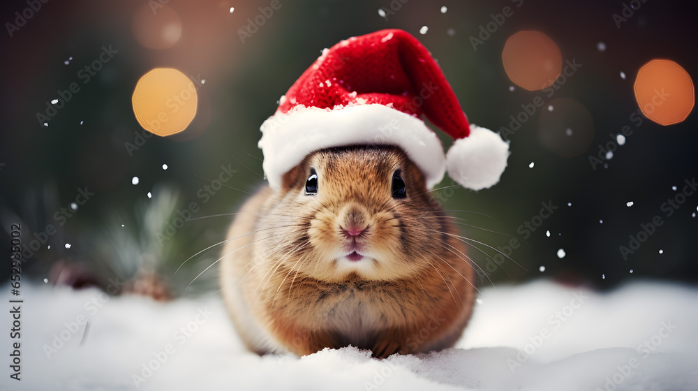 A cute bunny in a Santa hat on Christmas Day. A cute bunny in a Santa hat on Christmas Day.