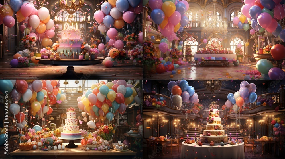 Produce a realistic image of a birthday celebration featuring an extravagant cake, vibrant balloons, and ornate room decorations.