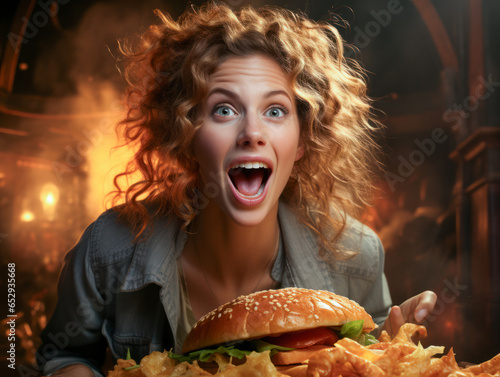 Heisshunger, Frau mit einem großen Burger, Generative AI
