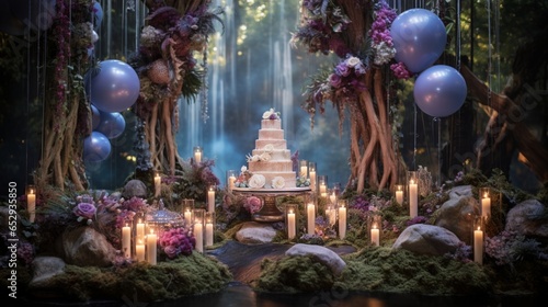Visualize a romantic Parisian birthday extravaganza with balloons resembling scenes, a cake adorned with sidewalk motifs, and candles that evoke the ambiance 