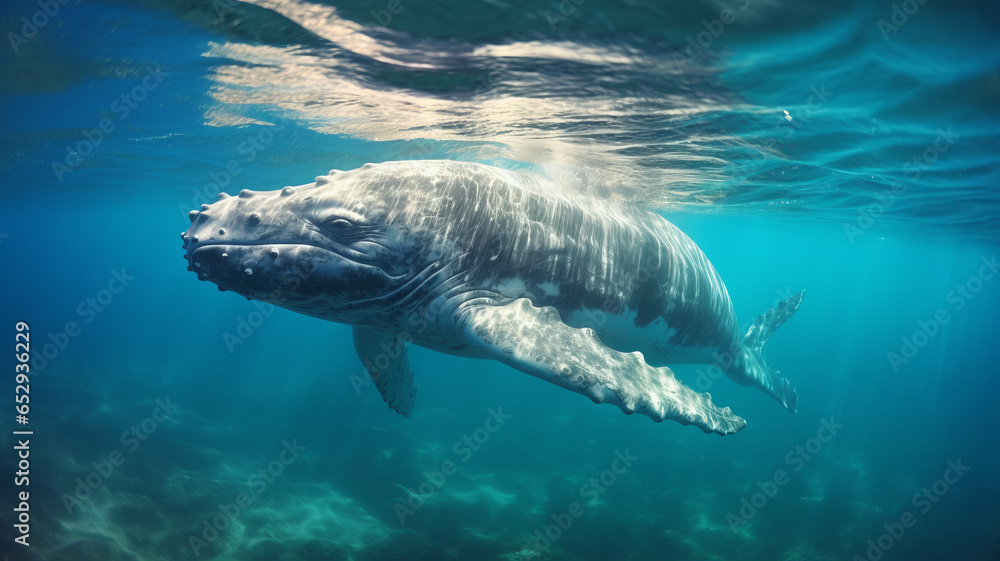 Naklejka premium A Baby Humpback Whale Plays Near the Surface in Blue Water generative ai