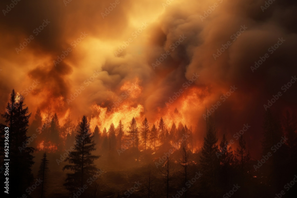 very powerful forest fire, coniferous forest is burning, fire and smoke cover the sky