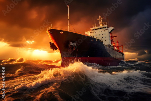 ship through a strong storm in the ocean, high waves, strong wind, storm clouds, low sunlight