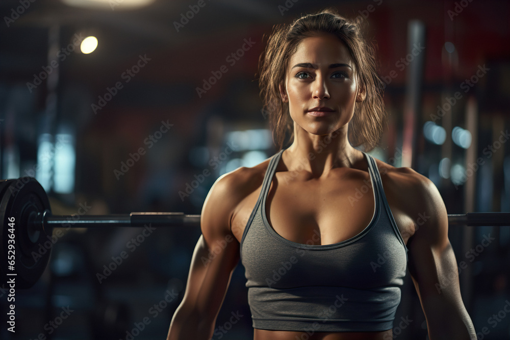 Close up portrait of attractive sport woman takes a breathe before continue training in gym