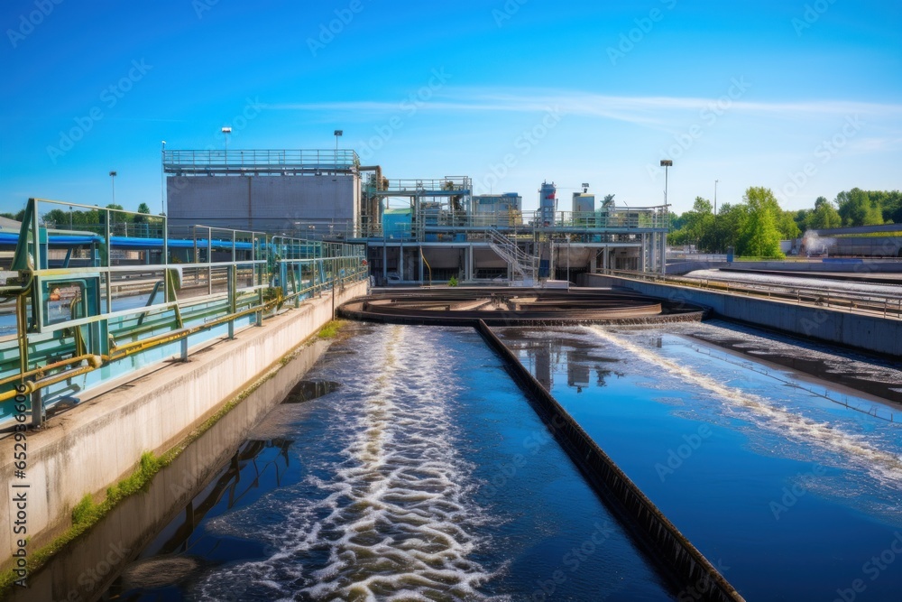A waterway in an industrial area with a wastewater treatment plant in the background