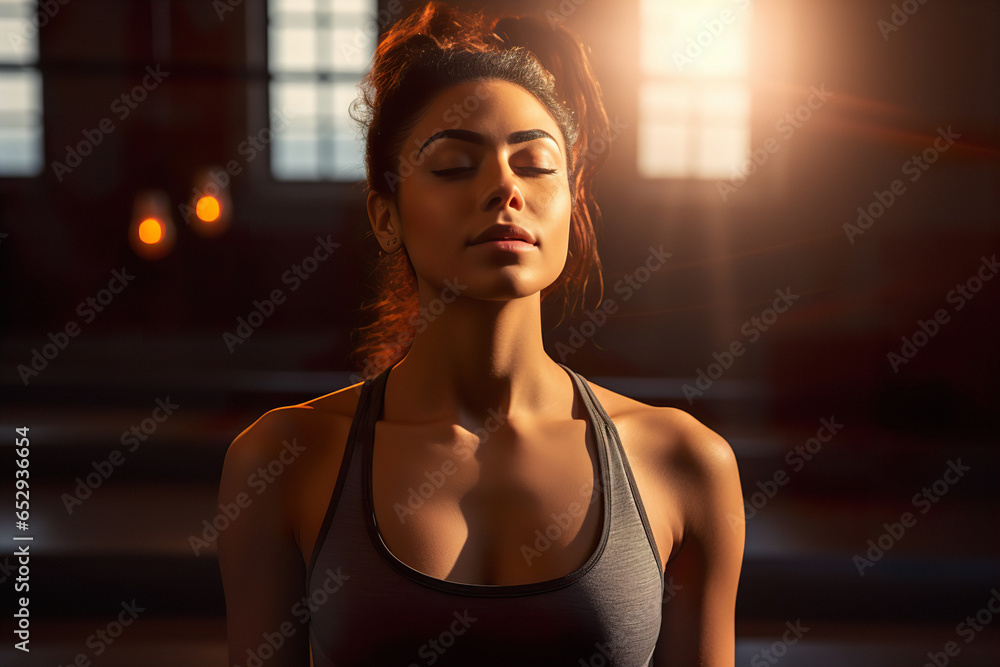 Close up portrait of attractive sport woman takes a breathe before continue training in gym