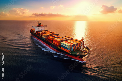 sea container ship moving on the sea,sea sunset, low sun, aerial view