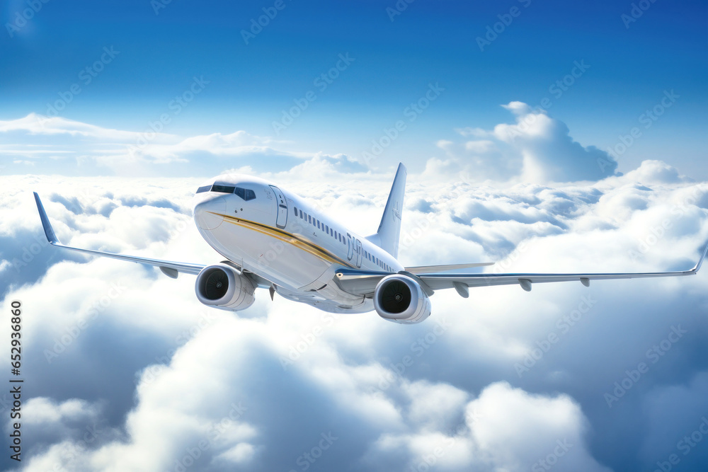 Obraz premium jet passenger plane flies over the clouds on a sunny day