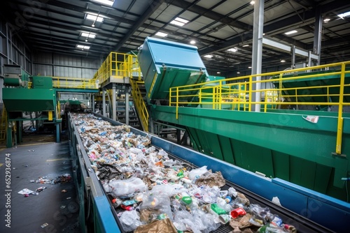 A conveyor belt filled with various types of trash in a waste recycling factory photo