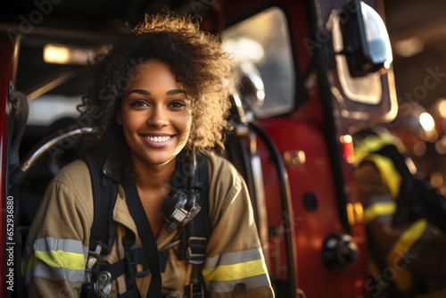 Fotomurale Portrait of a firefighter woman at the firetruck in the station.