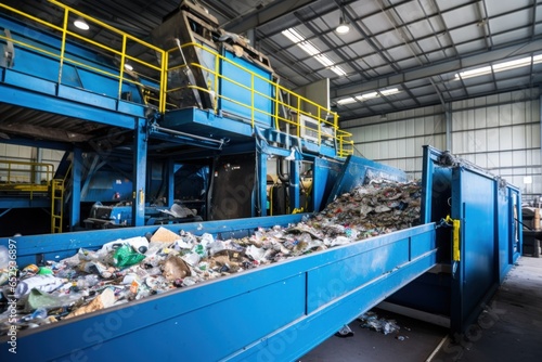 A conveyor belt in a waste recycling factory handling a large amount of trash