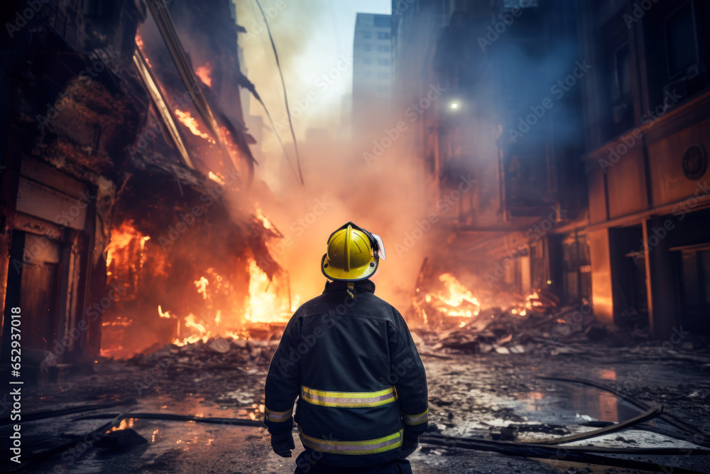 Naklejka premium Photo of a brave firefighter battling a raging fire in a building