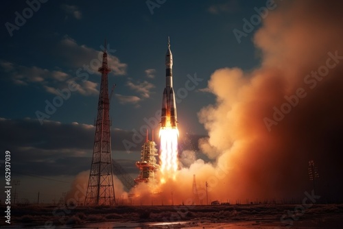 rocket launch vehicle from cosmodrome, taking off evening