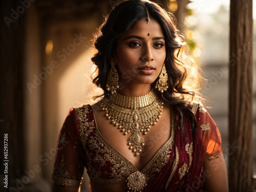 Beautiful Stunning Indian Woman dressed in Traditional Indian Gown, Jewelry, Modern Portrait Photography