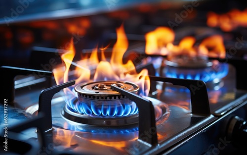 Kitchen gas cooker with a big blue propane gas flame. Generative AI