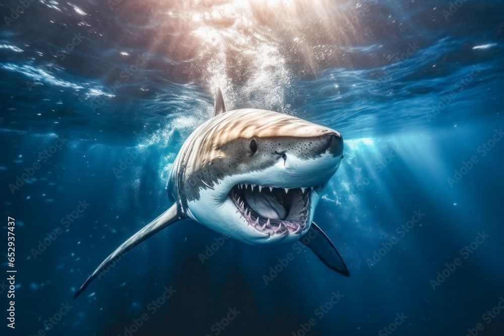 Naklejka premium Haifisch, Weißer Hai schwimmt im Meer, Generative AI