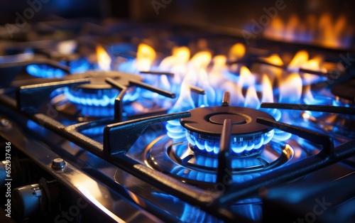 Kitchen gas cooker with a big blue propane gas flame. Generative AI