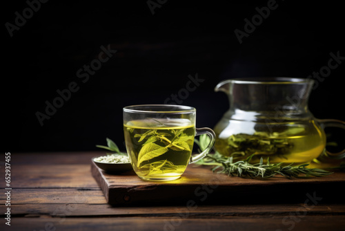 Fresh green tea with tea leaves on a dark wooden background