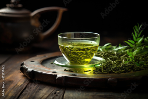 Fresh green tea with tea leaves on a dark wooden background