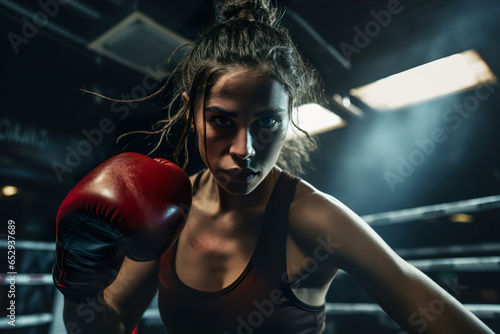 attractive and athletic female fighter is training in the boxing gym