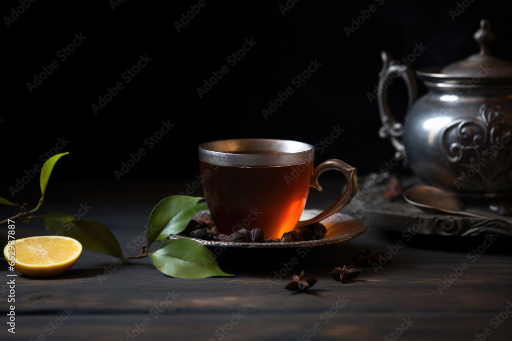 Fresh hot black tea in a cup on a dark rustic background Fresh hot black tea in a cup on a dark rustic background