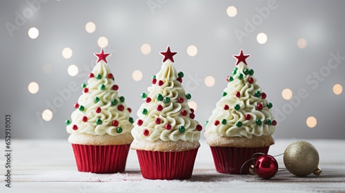 magic of Christmas with these festive Christmas tree-shaped cupcakes adorning a light white table  perfect for adding sweetness to your holiday gathering