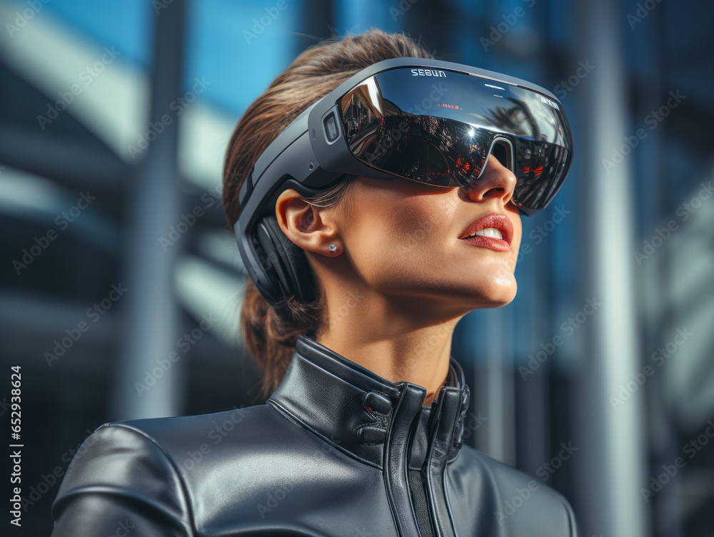 Geschäftsfrau mit einer VR-Brille, vor einem modernem Bürogebäude, Generative AI Geschäftsfrau mit einer VR-Brille, vor einem modernem Bürogebäude, Generative AI