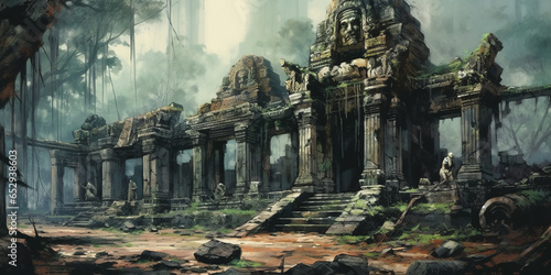 abstract art of empty old Ruins of a Thai temple ,illustration painting.generative ai