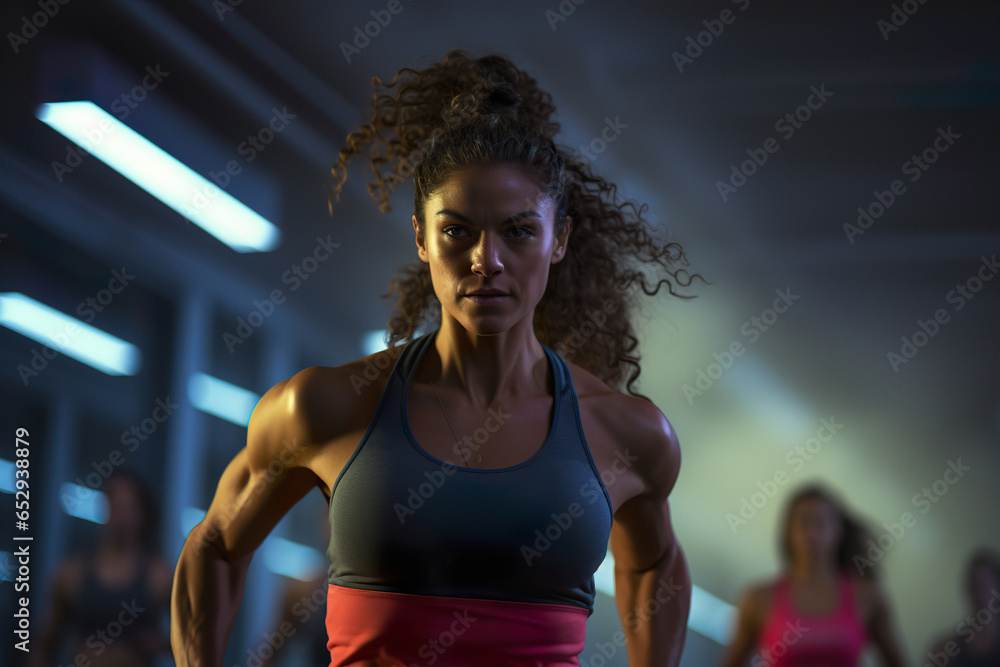 An attractive woman is training exercises on group classes in gym An attractive woman is training exercises on group classes in gym