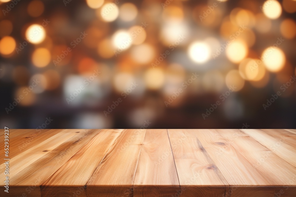 Wood table top on blurred kitchen background. can be used mock up for montage products display or design layout. Created with generative AI tools