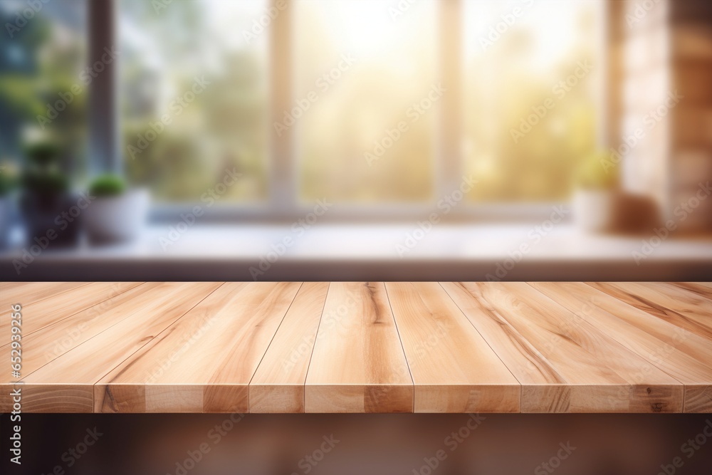 Wood table top on blurred kitchen background. can be used mock up for montage products display or design layout. Created with generative AI tools Wood table top on blurred kitchen background. can be used mock up for montage products display or design layout. Created with generative AI tools