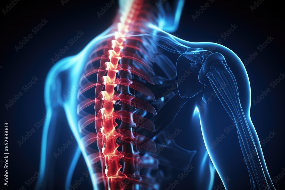 A picture of the back of a man with a highlighted spine. Can be used to illustrate human anatomy or medical concepts. - obrazy, fototapety, plakaty 
