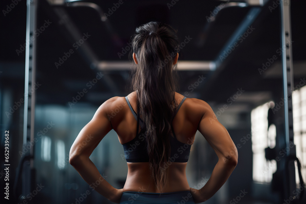 Rear view on woman athlete showing muscles on her shoulders and back in gym Rear view on woman athlete showing muscles on her shoulders and back in gym