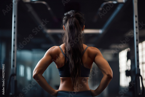 Rear view on woman athlete showing muscles on her shoulders and back in gym