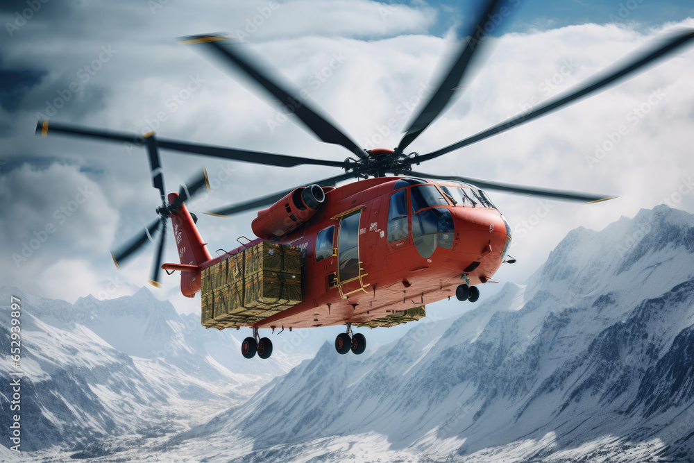 A red helicopter soars through the sky above a majestic snow covered mountain. This image captures the thrill and beauty of flying over a winter landscape. Perfect for aviation enthusiasts or travel b A red helicopter soars through the sky above a majestic snow covered mountain. This image captures the thrill and beauty of flying over a winter landscape. Perfect for aviation enthusiasts or travel b