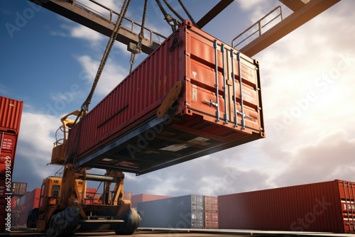 A crane is seen lifting a container and placing it onto a truck. This image can be used to showcase logistics, transportation, or loading and unloading operations. photo
