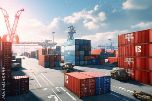 A picture of a large container yard with a crane in the background. This image can be used to depict industrial logistics, transportation, or global trade.